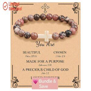 Christian Cross Stretch Bracelet Natural Stone Beads Faith Jewelry Gift